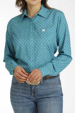 Women's Geometric Print Arenaflex Button-Down Western Shirt - Teal
