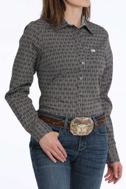 Women's Geometric Print Button-Down Western Shirt - Brown