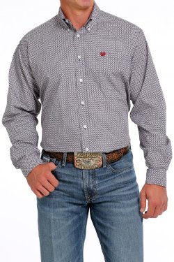 Men's Geometric Print Button-Down Western Shirt - Blue / Red 
