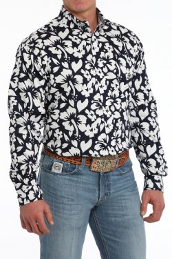 Men's Hibiscus Print Button-Down Western Shirt - Navy