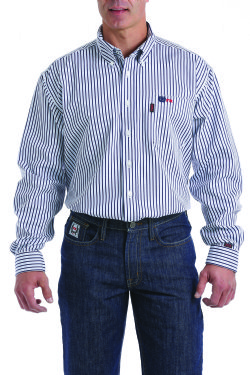 Men's Lightweight Light Blue, Navy and White Stripe FR Button-Down 