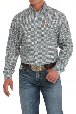 Men's Geometric Print Button-Down Western Shirt - White