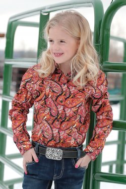 Girls Paisley Print Western Shirt - Black / Pink