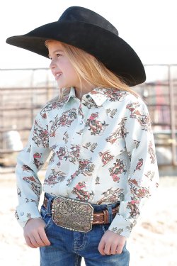 Girl's Cowgirl Western Print Snap Front Western Shirt - Light Blue