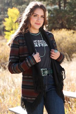 Women's Blanket Stripe Fringe Blazer - Black