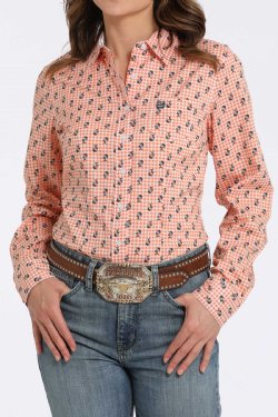 Women's Palm Tree Print Button-Down Western Shirt - Orange