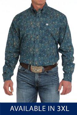 Men's 3XL Paisley Print Button-Down Western Shirt - Blue