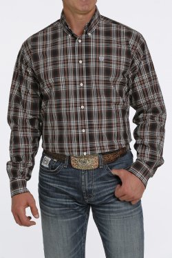Men's Plaid Button-Down Western Shirt - Brown / Cream