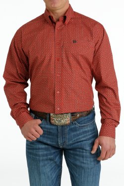 Men's Geometric Print Button-Down Western Shirt - Red / Brown