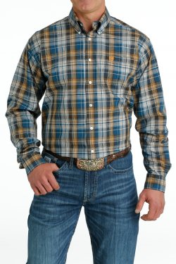 Men's Plaid Button-Down Western Shirt - Blue / Khaki