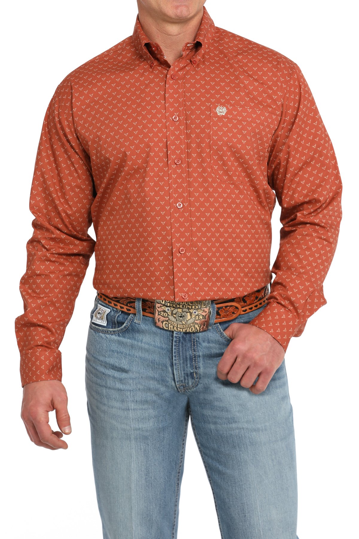 Men s Steer Print Button Down Western Shirt Orange