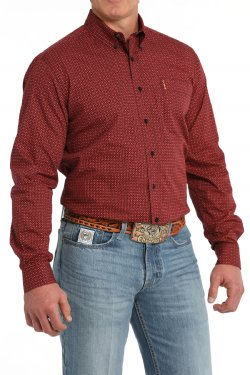 Men's Modern Fit Geometric Print Button-Down Western Shirt - Red