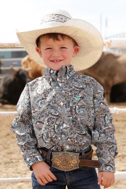 Boy's Match Dad Paisley Print Button-Down Western Shirt - Blue / Green / Brown