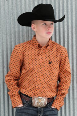 Boy's Geometric Print Button-Down Western Shirt - Gold